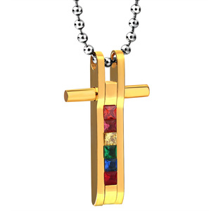 Collier pendentif en diamant arc-en-ciel à sept couleurs pour femmes, en acier titane doré et noir, design géométrique - Product Image 5