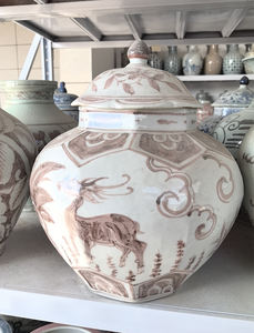 Tarro de jengibre octogonal de ciervo rojo vidriado de estilo antiguo chino tarro de cerámica estampado de ciervo pintado a mano con tapa Lotus Otif - Product Image 2