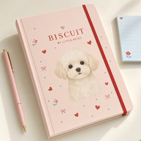 Journal pour chien LABON personnalisé A5 Pet Parade, avec nom personnalisé, couverture rigide rose, cœur doré, pour enregistrement quotidien, repas, promenades, notes de santé, et bande élastique.