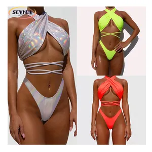 Groothandel 2024 Rekbare 2 Delige Set Strandkleding Custom Logo Glanzende Vrouwen Lingerie Rugloze Sexy Meisje Hete Meisjes Bikini Jurk