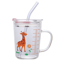 Tasse à mesurer en verre avec paille et couvercle Tasse à eau avec échelle Tasse en verre pour enfants
