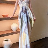 Robe longue imprimée pour femme à bretelles spaghetti, col en V, ample et fluide, imprimé abstrait peinture à l'huile, robe nuisette pour la plage et le quotidien