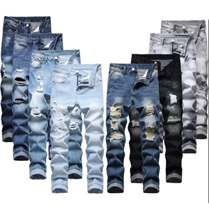 Liquidation en gros : Jeans pour hommes tendance, rétro, en coton respirant, coupe droite et slim, délavés à l'acide, effet usé et déchiré - Product Image 1