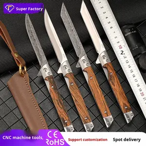 Couteau à motif damas pliant Portable en acier inoxydable à haute dureté manche en bois couteau de poche à ouverture rapide pour le camping en plein air - Product Image 4