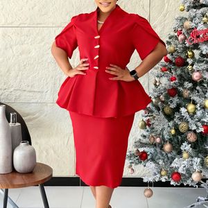 D3358 Último Diseño Vestidos <span class=keywords><strong>de</strong></span> Verano para Mujer Casual Elegante con Volantes Cuello en V Manga Corta Ajustado Vestido <span class=keywords><strong>de</strong></span> Oficina para Dama Africana - Product Image 5