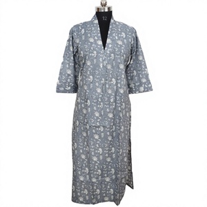 Floral Print Cotton Maxi Dress V-Neck <b>Three</b> Quarter Sleeve Loose Fit Asymmetrical Hem Casual Wear All Seasons - Product Image 1