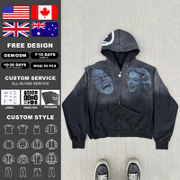 Sudadera con capucha personalizada de algodón 100% de 420GSM de alto gramaje, con cremallera completa, lavado vintage, corte holgado para hombre, estampado DTG de retrato