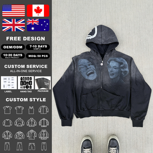 Sweat à capuche personnalisé 420 GSM en coton épais 100 %, lavage vintage, fermeture éclair, coupe ample pour homme, impression DTG portrait, entièrement zippé - Product Image 2