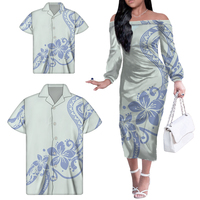 Dropshipp Outfits Polynesian Tribal Floral Off Shoulder Dress Samoan Fidjian Matching Men Shirt And Kids Shirt Elegant Dress