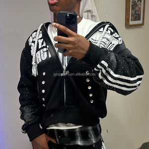 بدلة رياضية للجنسين بتطريز مميز وأحجار الراين، ملابس الشارع المخصصة، طقم بنطلون رياضي فضفاض وسترة بغطاء للرأس بغسيل حمضي - Product Image 2