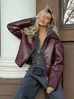 ZEVITY – veste en simili cuir rouge vin, style streetwear, pour l'automne et l'hiver, vêtement d'extérieur tendance, fermeture éclair standard, col rabattable, manteaux en PU