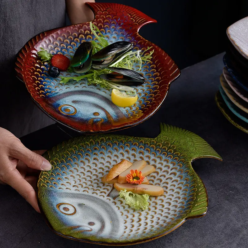 Japanese and Korean Cuisine Ceramic Fish-shaped Plate Sushi Dessert Fruit Plate Retro Tableware Special Plate