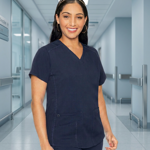 Haut de blouse médicale pour femme, bleu marine, col en V, manches courtes, avec poches, uniforme d'hôpital, tricoté, respirant, confortable, extensible, avec détection d'aiguilles - Product Image 3