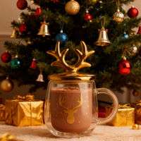 Vente en gros de tasses à souhaits de Noël de 340 ml, en verre borosilicate à double paroi, en forme de bois de cerf dorés, avec couvercle sans BPA, anti-fuite
