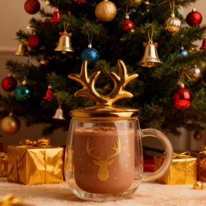 Großhandel 340ml Weihnachts-Wunschbecher Goldene Geweihförmige Tassen Doppelwandige Glasbecher mit Deckel - Product Image 2