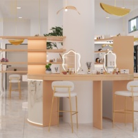 Magasin de cosmétiques de luxe moderne, design d'intérieur complet, mobilier sur mesure pour parfums, comptoirs d'exposition et postes de maquillage
