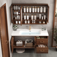 Meja Rias Kamar Mandi Mewah Bergaya Retro dari Kayu Walnut Solid dengan Wastafel, Bak Cuci Keramik Terintegrasi, Kabinet Cermin Pintar, Pemasangan di Dinding