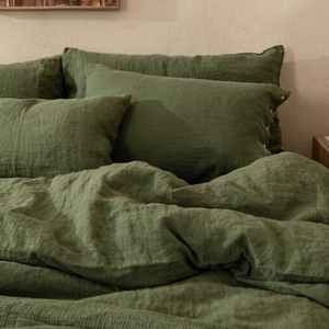 Green Washed Linen <b>Duvet</b> Cover <b>Set</b> 3-Piece Solid Bedding with 2 <b>Pillow</b> Shams Eco-Friendly - Product Image 1