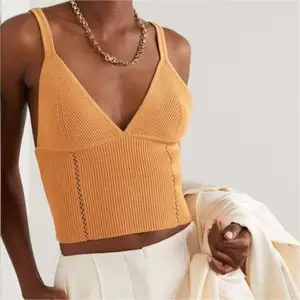 2024 Supplier Custom Slim Fit Bra Tank Top Camisole Pointelle Trimmed Cropped Ribbed Knit Shirt For Women