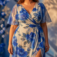 Robe longue sur mesure grande taille pour femme, imprimé floral bleu gentiane alpin, en mousseline, col en V, coupe portefeuille, longueur complète, du 42 au 56 EU