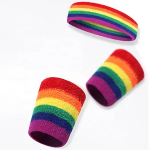 Hot Selling Regenboog Badstof Polsband Atletische Basketbal Voetbal Regenboog Polsband Hoofdband