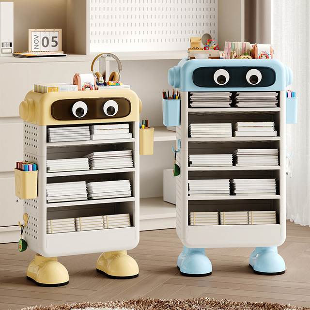 Vertical Plastic Children's Floor Multi-layer Space-saving Book Organizer Cartoon Robot Face Design Simple Picture Book Shelf