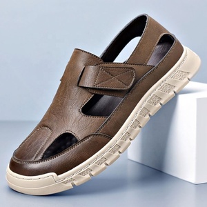 Sandales en cuir pour hommes, plates, à bout ouvert, style preppy, couleur unie, semelle extérieure en caoutchouc, semelle intermédiaire PHYLON, confortables, antidérapantes - Product Image 3