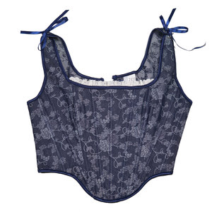 Corsé ajustado con estampado de hojas, bustier vintage con estampado, top con aros y cordones, top corto, disfraz de escenario - Product Image 5