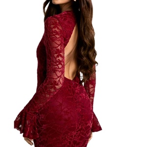 New Design Women's Elegant <b>Red</b> Bodycon Lace Dress Slim Fit <b>Flared</b> Ruffle Cuffs Open Back Casual Party Gown Zippers Natural Waist - Product Image 4