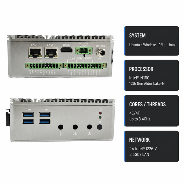 Fanless Industrial PC Intel Alder Lake N100 N150 N305 Dual 2.5GbE LAN RS485 GPIO X86 Mini PC Win10 Win11 Ubuntu