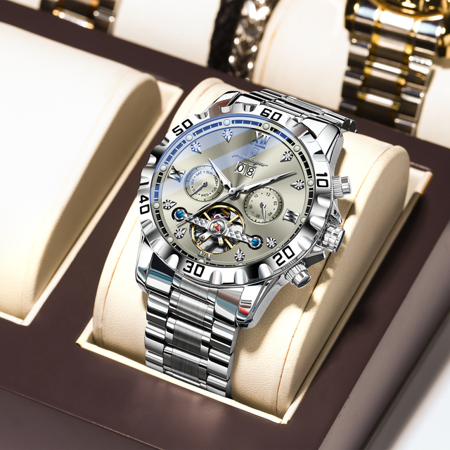 Poedagar Luxury Men Watch Automatic Date Week Man Wristwatch Hollow Tourbillon Stainless Steel Men's Mechanical Watch