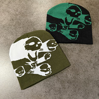 Bonnet tricoté vintage Y2K à motifs multiples de crânes, motif jacquard contrastant, doux, confortable et élastique, bonnet d'hiver