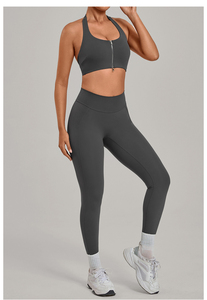 Ensembles de vêtements de sport respirants pour femmes, effet seconde peau, avec soutien-gorge à fermeture éclair et dos croisé, pour la gym, le yoga et le fitness, 2 pièces - Product Image 2