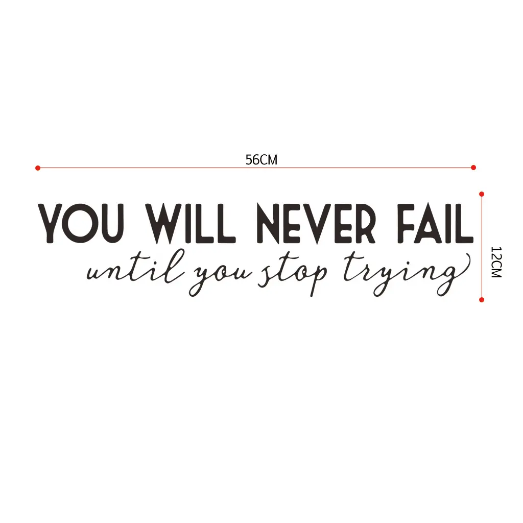 Never fail English sticker with transfer film black letters quote Inspirational bedroom wall sticker