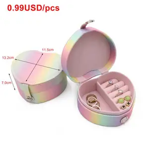 Organizador de joyas con purpurina de Color arcoíris en forma de corazón, anillo, pulsera, collares, caja de almacenamiento, joyero de cuero