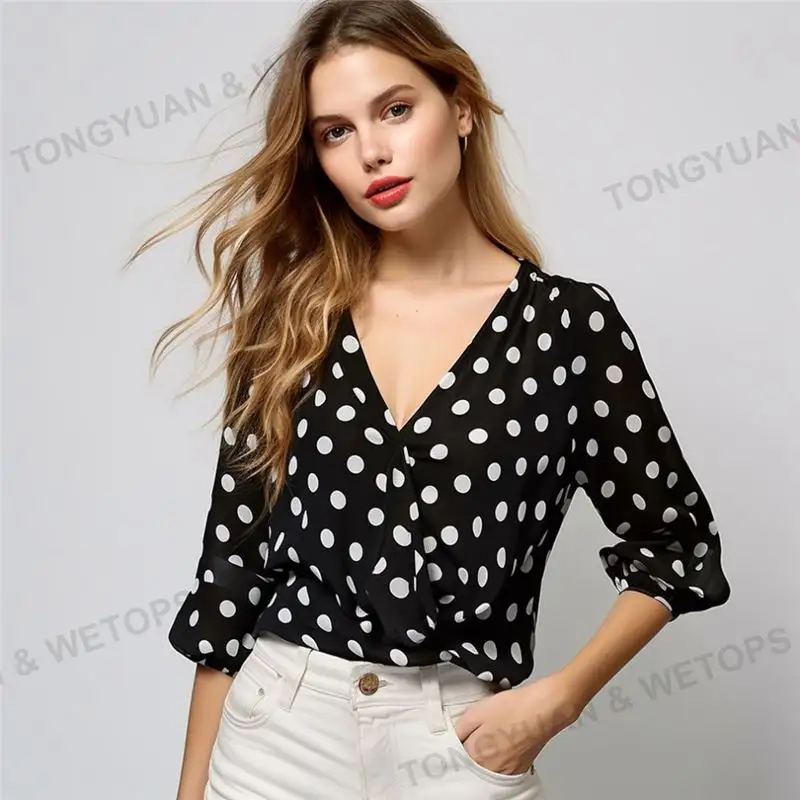 Oversize Women blouses elegant polka dot print V veck shirt hot sale female fashion cute plus size T-shirts