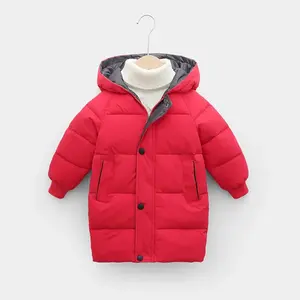 Custom children warm trench clothes girls boys mid-length puffer jacket solid thicken hooded padded kids winter down coat