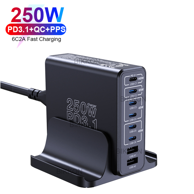140W PD 3.1 GaN Charger 250W USB Type C 6C2A Fast Charge for Macbook Pro Quick Charging 100W 65W Tablet PPS Mobile Adapter