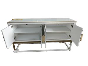 Buffet Moderne Jonathan Adler à Rayures Noires et Blanches avec Portes Vitrées, Meuble de Rangement Op Art pour Salon - Product Image 6