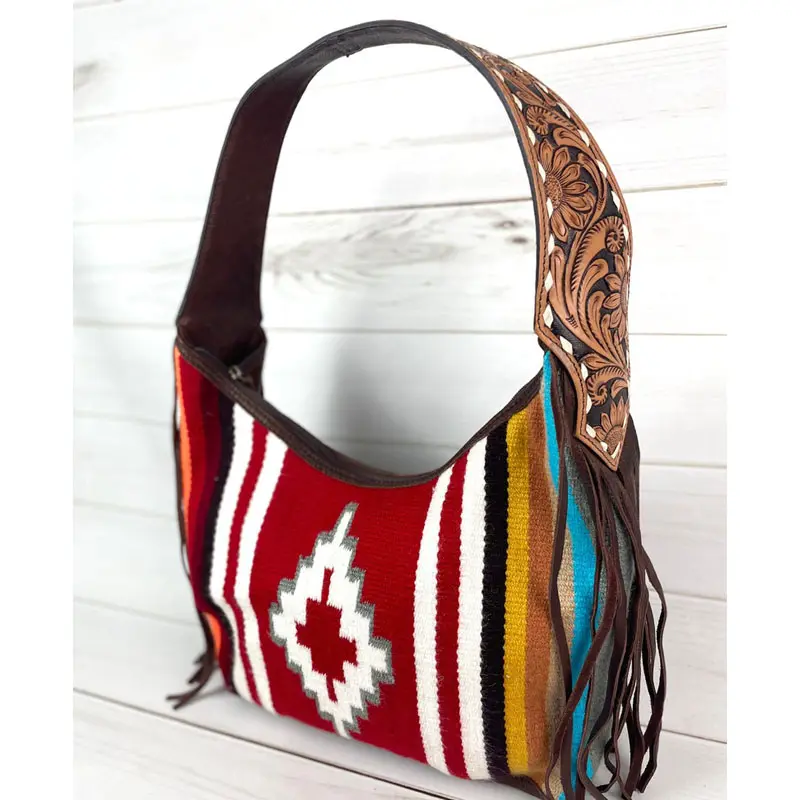 Turquoise Wool Leather Tooled Green Crossbody Fringe Handbag Red Yellow Turquoise Wool Pattern Hobo Fringe Handbag