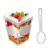 Vaso Desechable Trapezoidal de Plástico PS de 160ml (5oz) Moldeado por Inyección, Apto para Alimentos, para Mousse y Postres, con Tapa y Cuchara, para Venta al por Menor