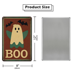 Insegna Rettangolare in Metallo per Halloween, Decorazione Murale con Fantasma e Pipistrello Cartoon - Product Image 2
