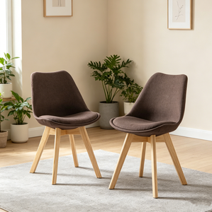 Chaise de salle à manger en lin nordique en gros avec dossier incurvé en forme de tulipe et pieds coniques en bois massif pour la maison et les restaurants - Product Image 1