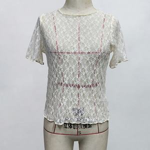 Camiseta de Manga Corta para Mujer, al por Mayor, Personalizada, OEM, ODM, de Alta Calidad, Casual, Sexy, con Encaje Calado, Cuello Redondo, Color Sólido, para Todas las Temporadas - Product Image 4