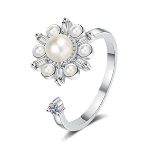 Top Seller CZ Cubic Zirconia Diamond Adjustable Anti Anxiety Stress Relief Snowflake Flower Pearl Spinning Sun Fidget Ring for W