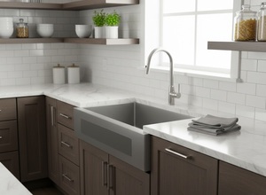 Évier de cuisine de style farmhouse en acier inoxydable massif de qualité supérieure, avec façade frontale, surface martelée ou brossée faite à la main, cuve profonde - Product Image 3