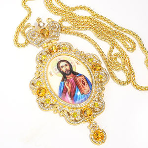 ZD043 Diseño ovalado Europa Ortodoxo 18K Chapado en oro Pectoral Cruz Collar con personalizar icono Imprimir y piedras de color - Product Image 4