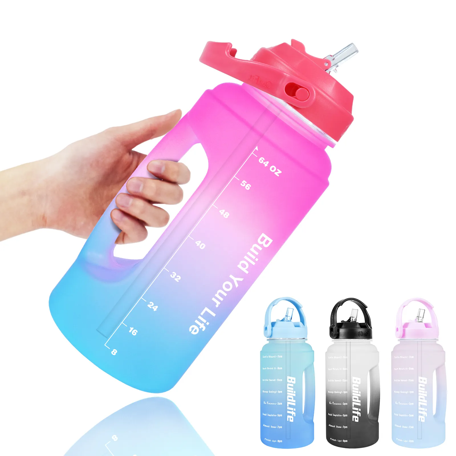 Half Gallon 64oz BPA Free Gradient Anti-Slip Leakproof GYM Fitness Motivational Time Marker Plastic Water Bottle with Straw Lid