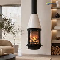Brasero d'intérieur décoratif moderne de luxe contemporain suspendu au plafond, à bois, avec vue en verre et en fer mat