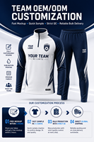 Survêtement d'entraînement de football personnalisé à manches longues avec fermeture éclair quart de tour, blanc et bleu marine, uniforme d'équipe sublimé, OEM ODM, faible MOQ, vente en gros